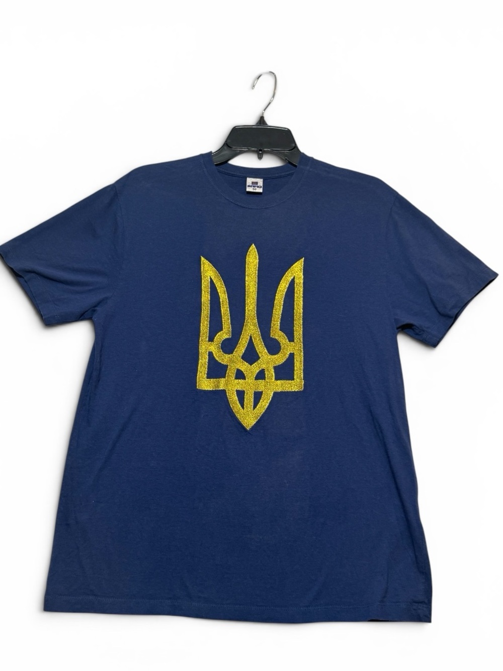 Ukraine Tryzub T-Shirt Navy Blue Gold Glitter Trident Coat of Arms Tee Sz S